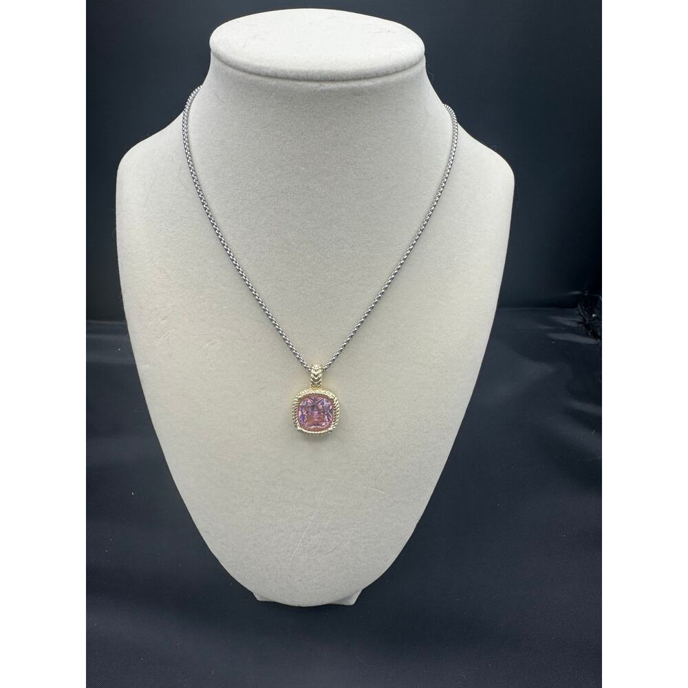 Silver Necklace with Gold Pink CZ Square Pendant - Adjustable 16"-19"